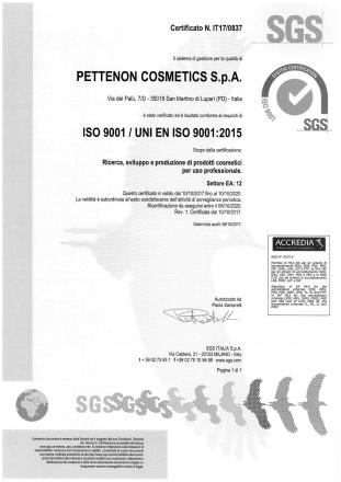 Pettenon Cosmetics S.p.A. S.B. ottiene la certificazione ISO 9001:2015